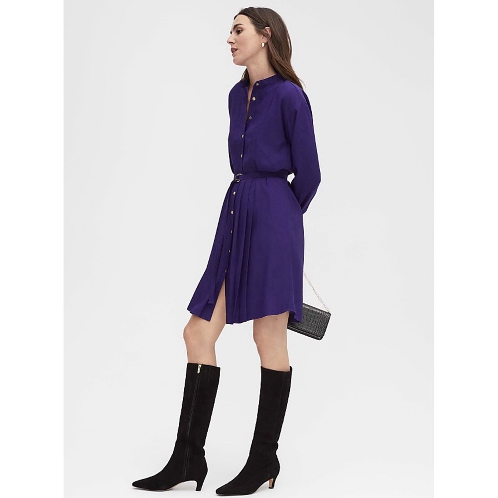 Ann Taylor Dress Petites 12P Purple Shirtdress Pleated Lined Button Missing Belt